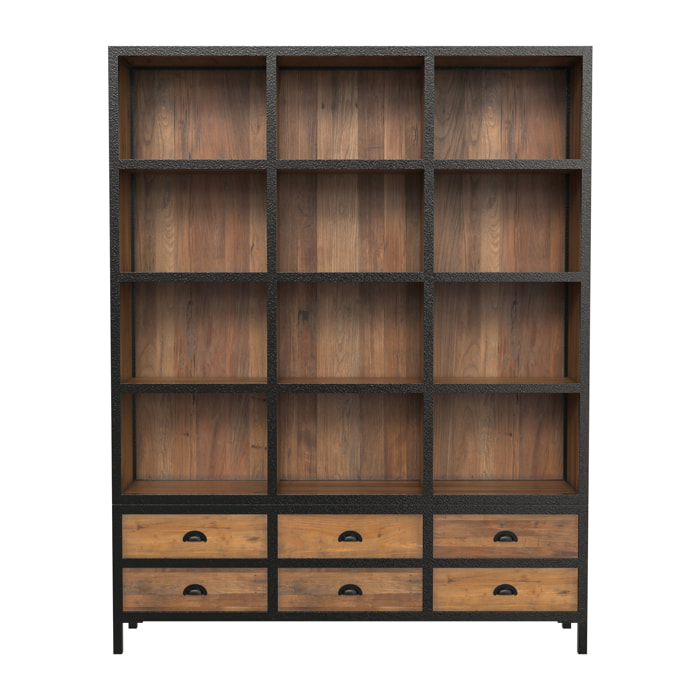 Bibliothèque 6 tiroirs 12 niches en métal et bois de cèdre - Shelby