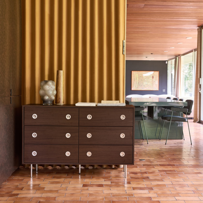 Commode vintage décor bois et acier inoxydable 6 tiroirs SHELBY