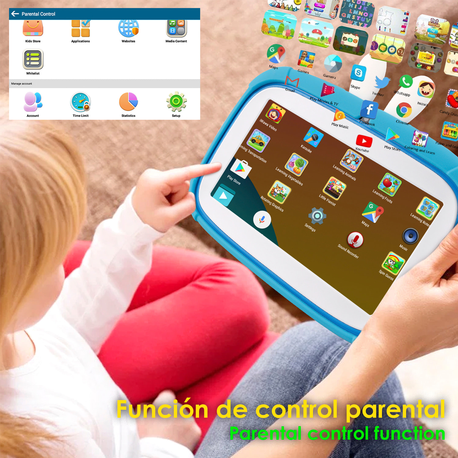 A133 Tablet WiFi per bambini. Sistema operativo Android 11. Schermo da 7'' 1024x600px. ARM Cortex™ A53 quad-core. 2 GB di RAM + 32 GB. Doppia fotocamera.