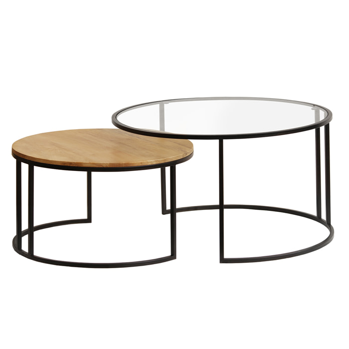Tables basses gigognes rondes verre trempé, bois manguier massif et métal noir (lot de 2) TAHL