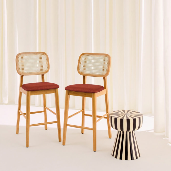 Tabouret de bar bois d'hévéa cannage et tissu 66,5cm (lot de 2) MANI