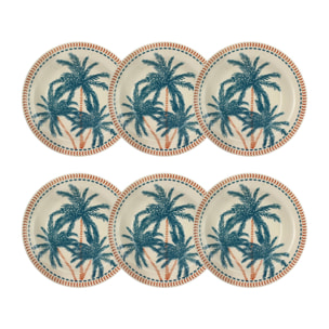 Lot de 6 assiettes creuses dessin tropical en grès 21,5cm TROPIQUE