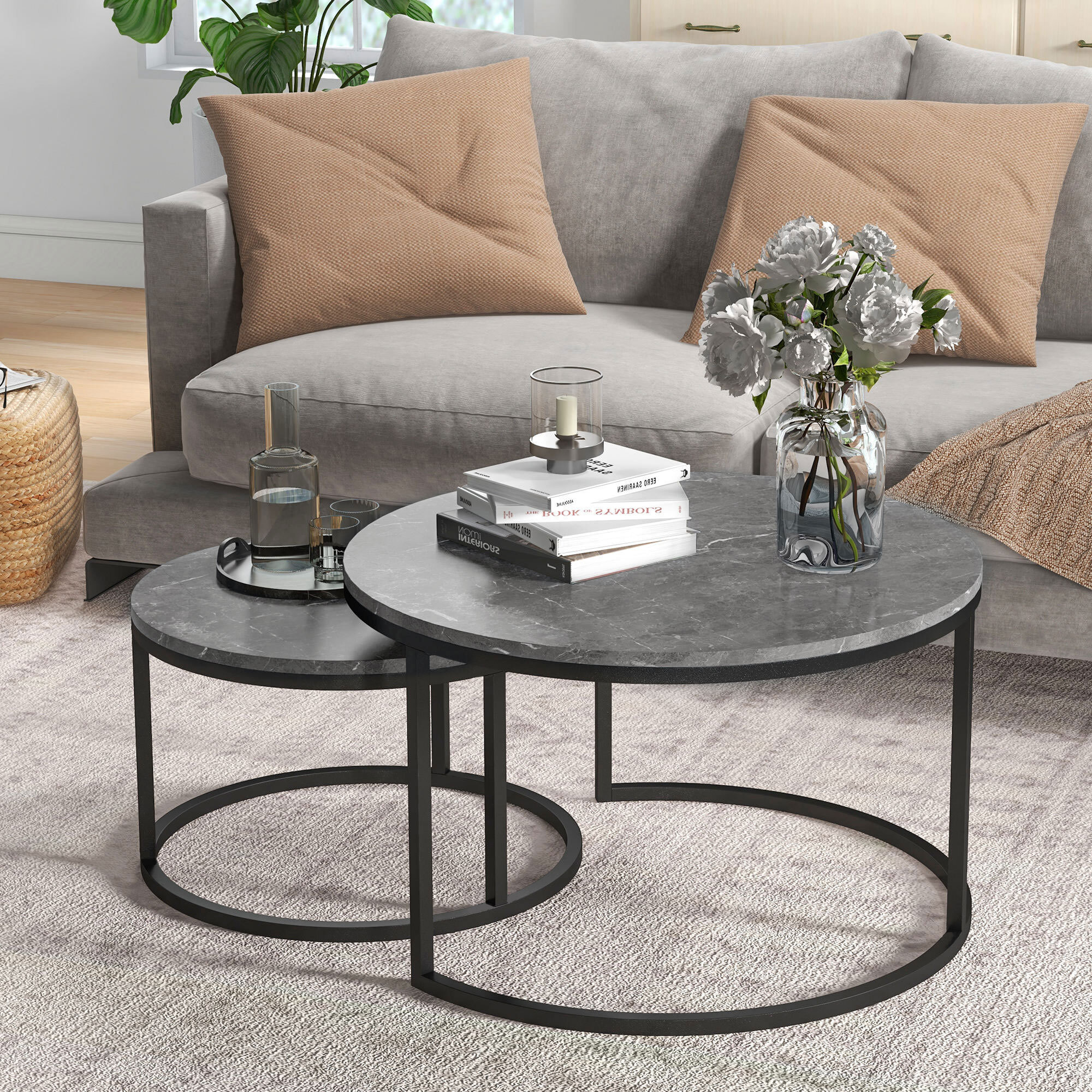 Lot de 2 tables basses rondes gigogne empilables piètement acier noir plateau aspect marbre gris