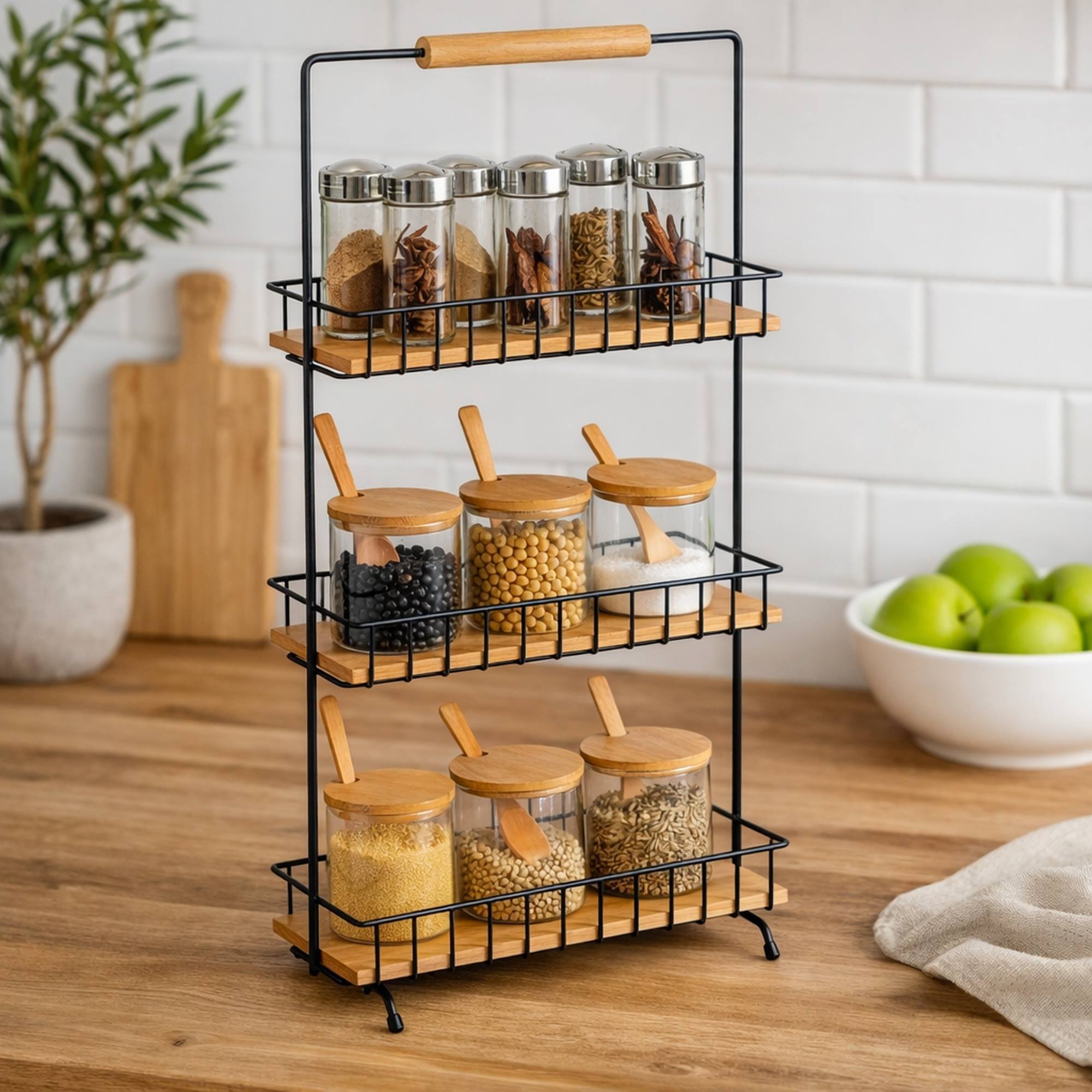 Estante de cocina con 3 pisos de 29,5x15,5x58,5cm - En acero y madera de color Negro