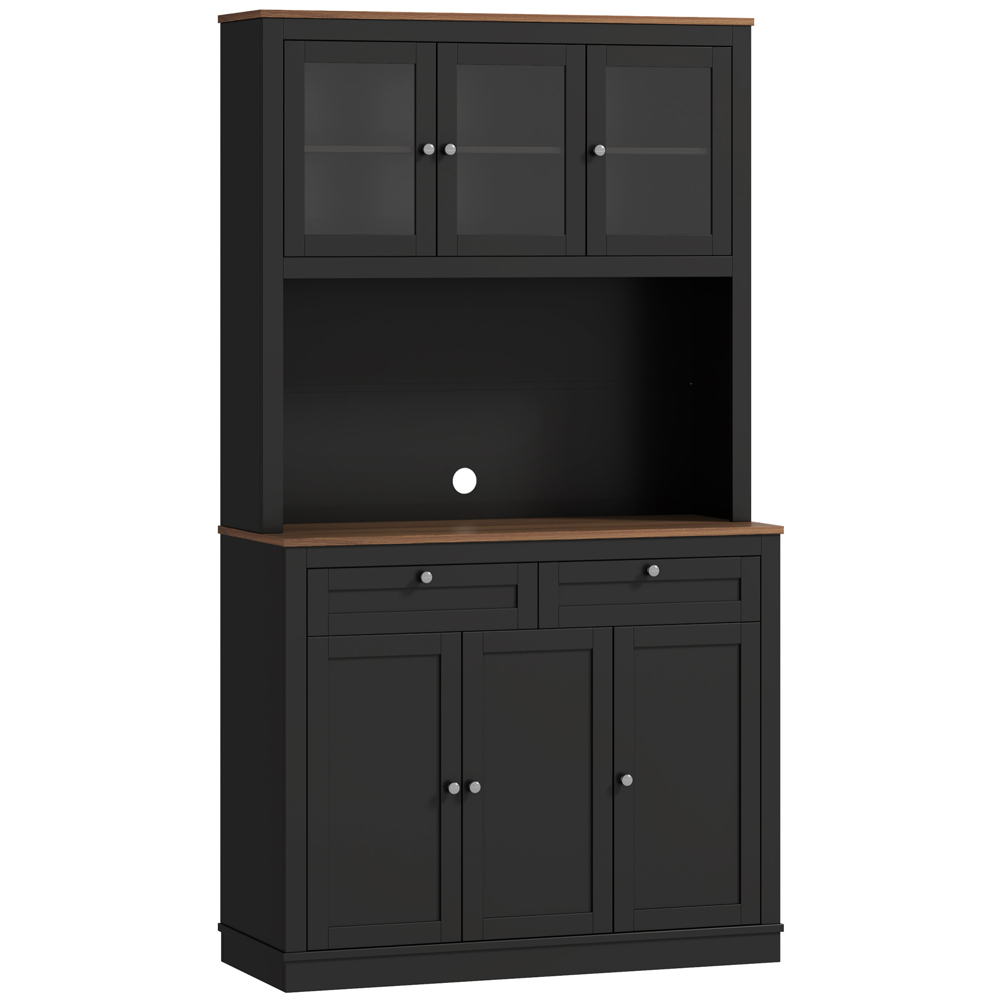 Buffet haut cuisine vitrine - 6 portes, 2 tiroirs, plan de travail - dim. 100x40x180cm - noir effet bois noyer