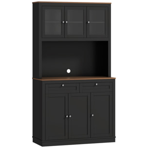 Buffet haut cuisine vitrine - 6 portes, 2 tiroirs, plan de travail - dim. 100x40x180cm - noir effet bois noyer