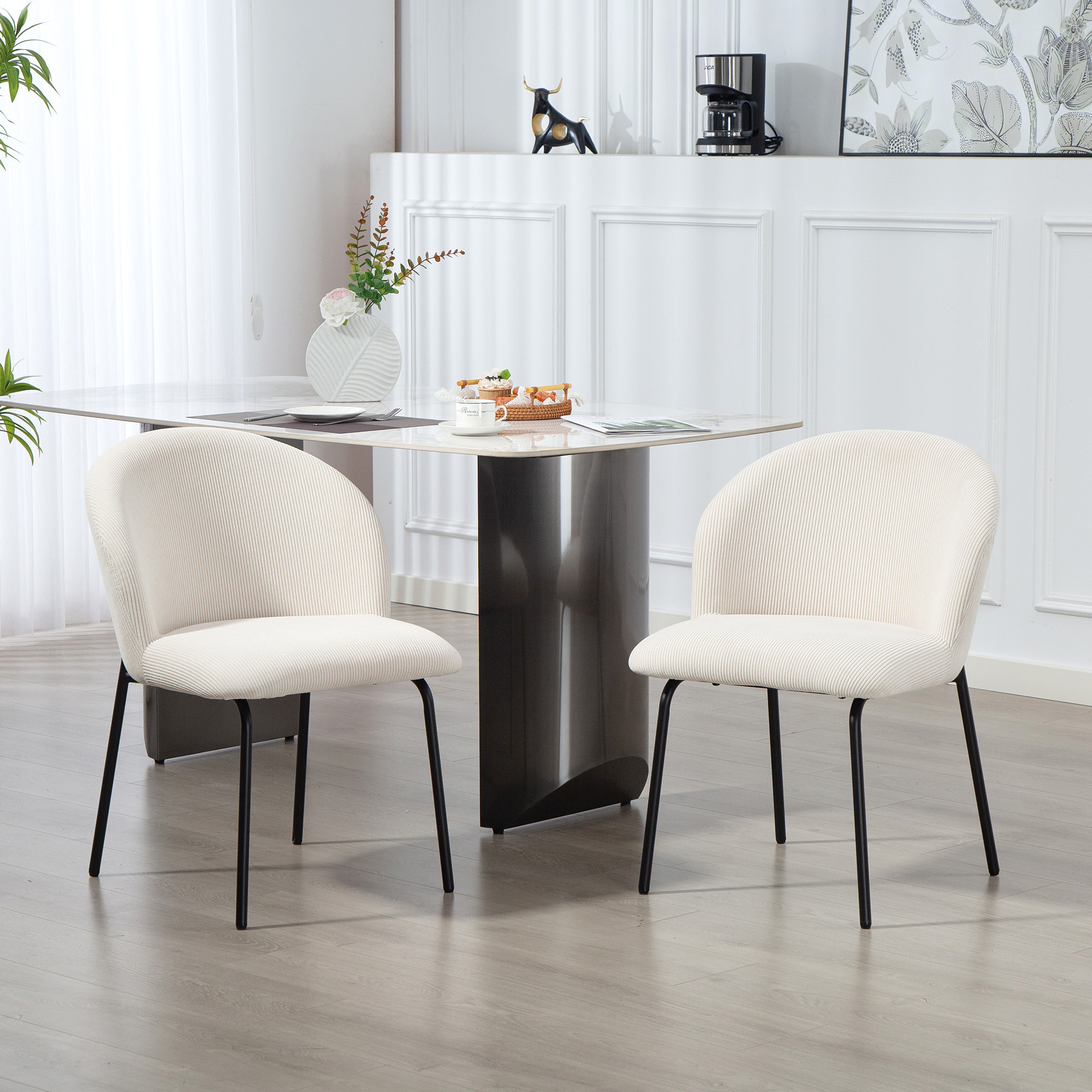 Lot de 2 chaises de salle à manger velours côtelé crème piètement acier noir