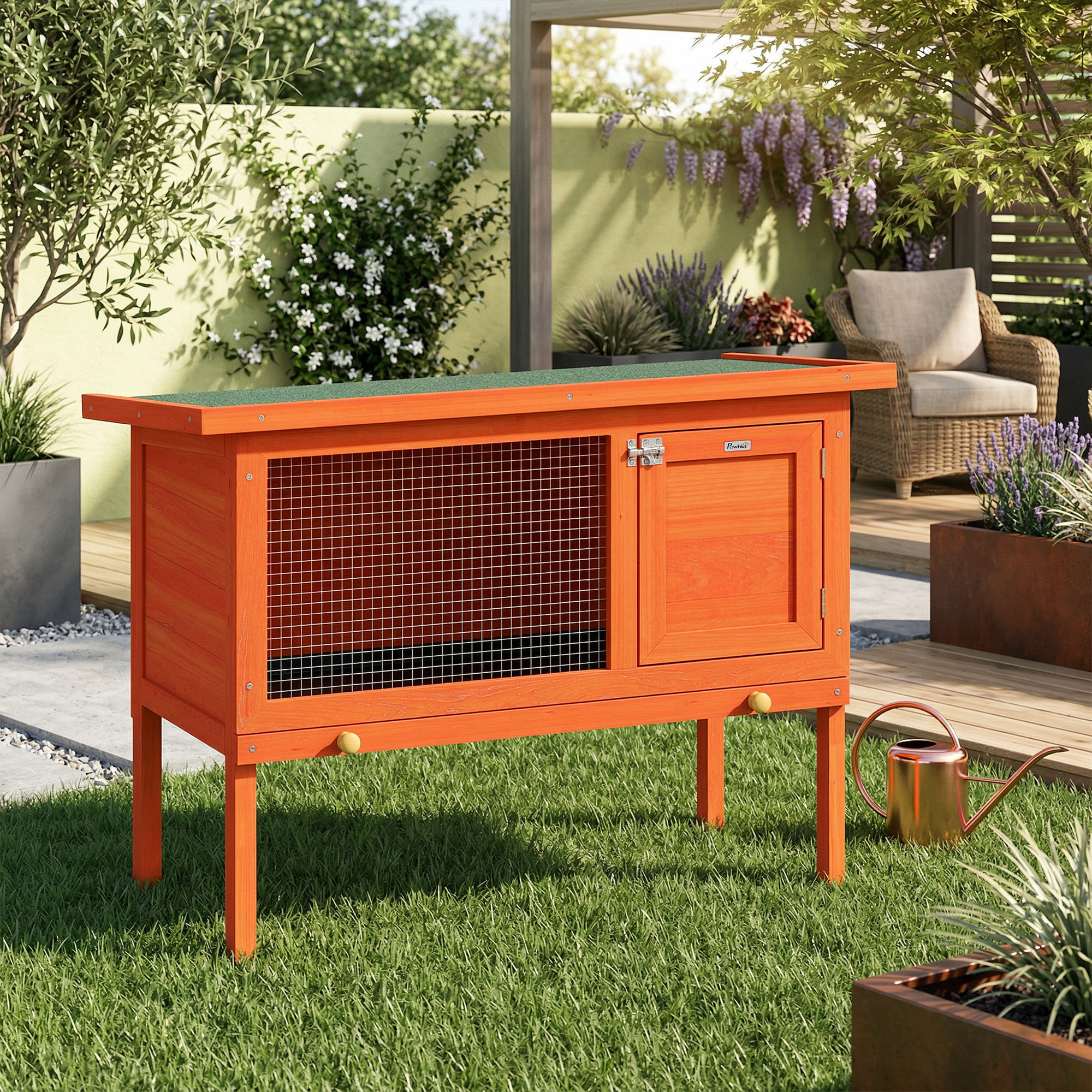 Clapier sur pied cage à lapin avec niche intérieure toit ouvrant porte verrouillable dim. 90L x 45l x 65H cm orange vert