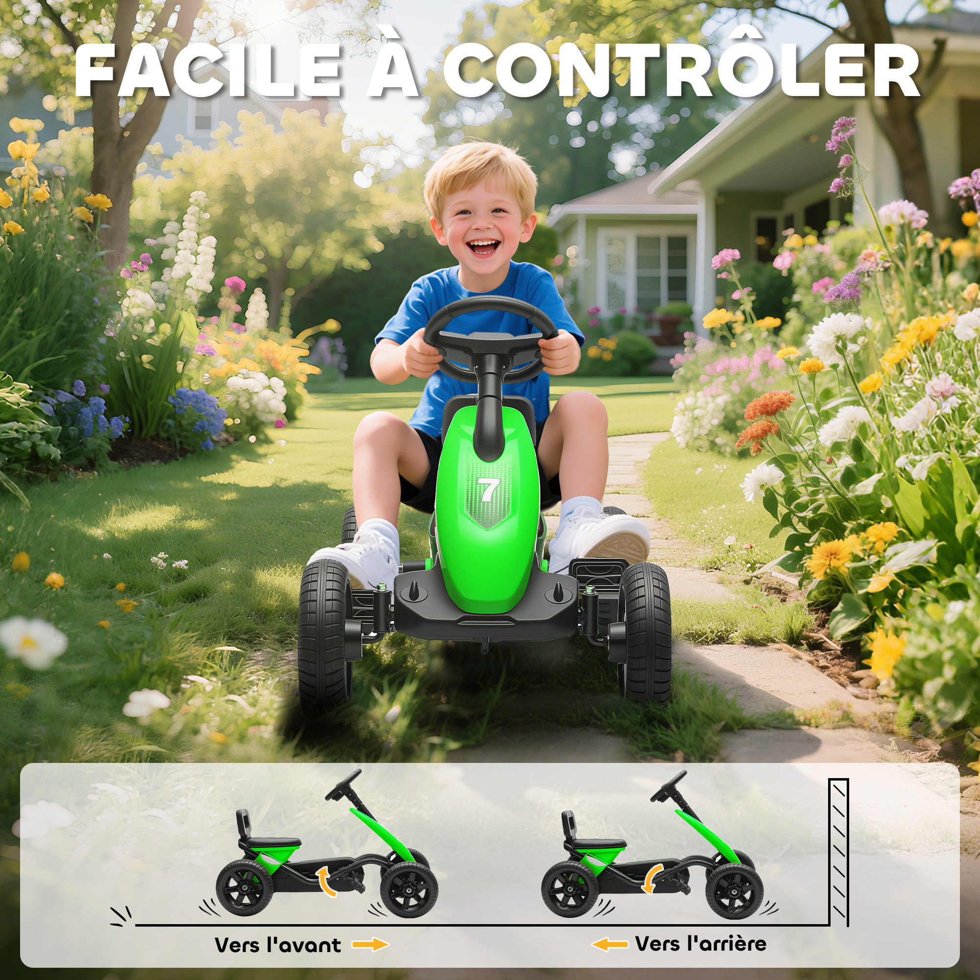 Kart à pédales enfant - Go Kart - carter chaine fermé - marche AV AR - métal plastique noir vert
