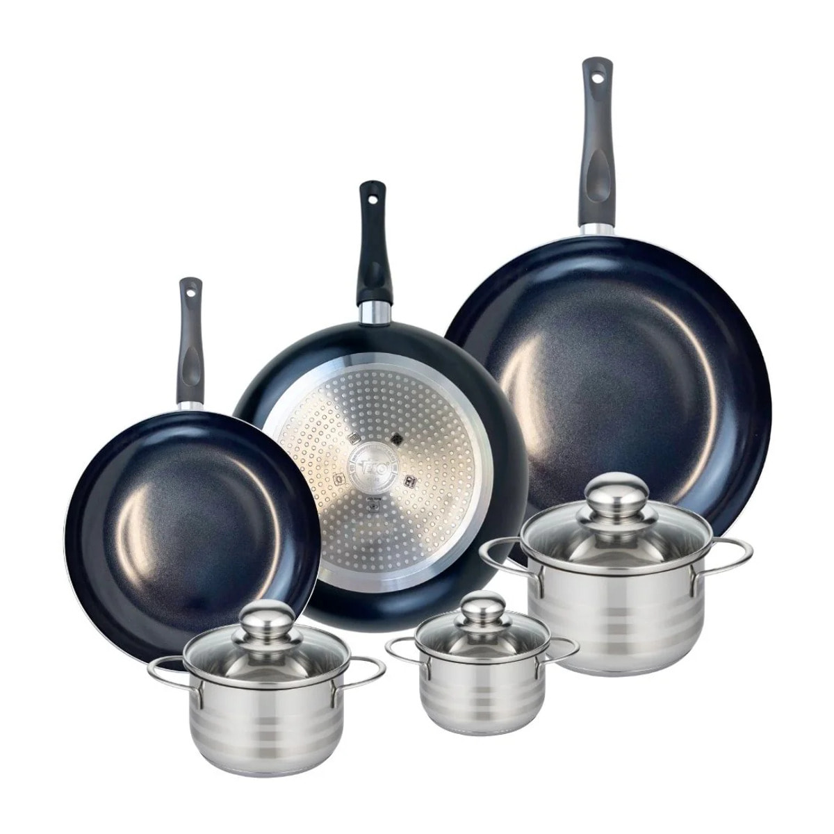 Ensemble de 3 Poêles de cuisson 24, 28 et 32 cm et 3 faitouts 12, 14 et 16 cm Elo Prima Brillant