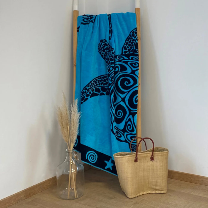 Serviette de plage XL éponge velours Jacquard Bleu 140x180 400g/m² - Turquoise Turtles