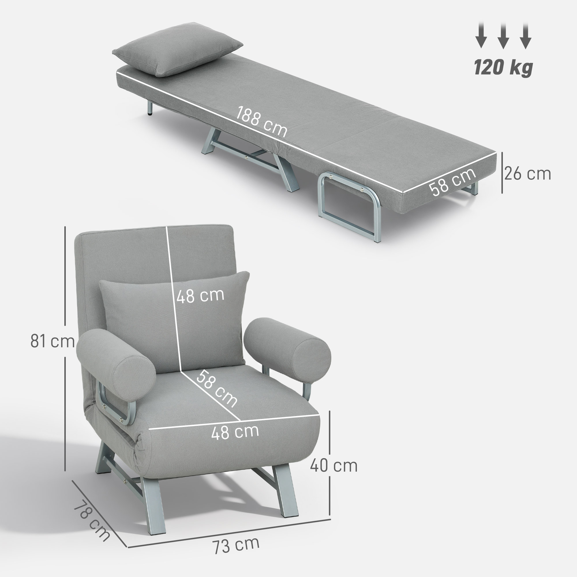 Sofá Cama de 1 Plaza 3 en 1, Sofá Cama Plegable Tapizado en Lino Sintético con Respaldo Ajustable de 5 Niveles y Almohada Acolchada, para Oficina, Dormitorio, Salón, 73x78x81 cm, Gris Claro