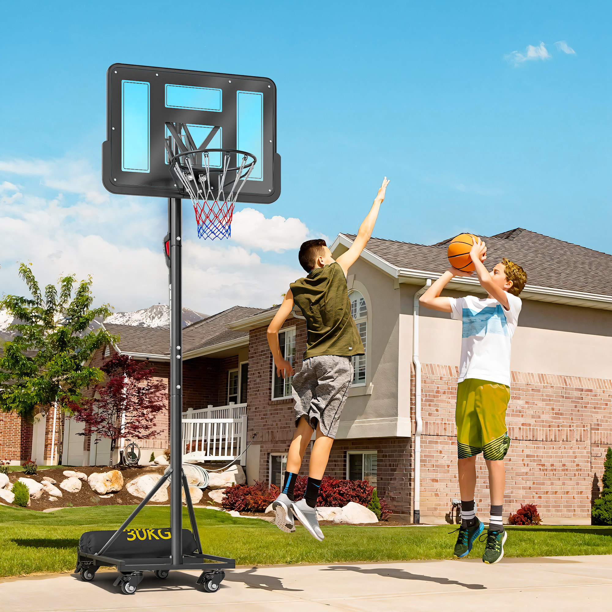 Canasta de Baloncesto para Exterior, Altura Ajustable 235-305 cm, Canasta de Baloncesto Portátil con Tablero Irrompible 110 cm, Ruedas y Saco de Peso, para Adolescentes y Adultos, Negro