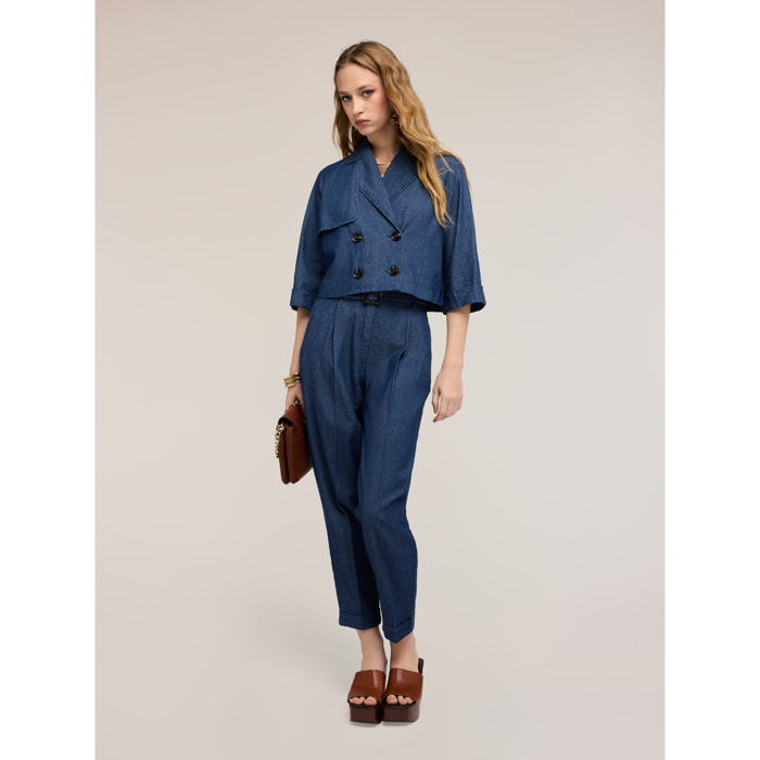 Motivi - Trench corto de doble botonadura en chambray - Azul
