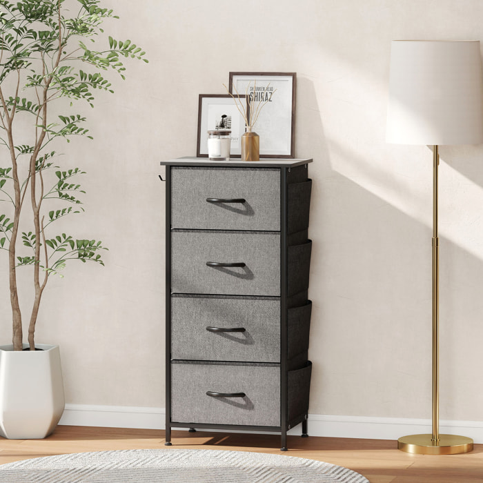 Commode chiffonnier 4 tiroirs en tissu 4 poches 2 crochets gris noir
