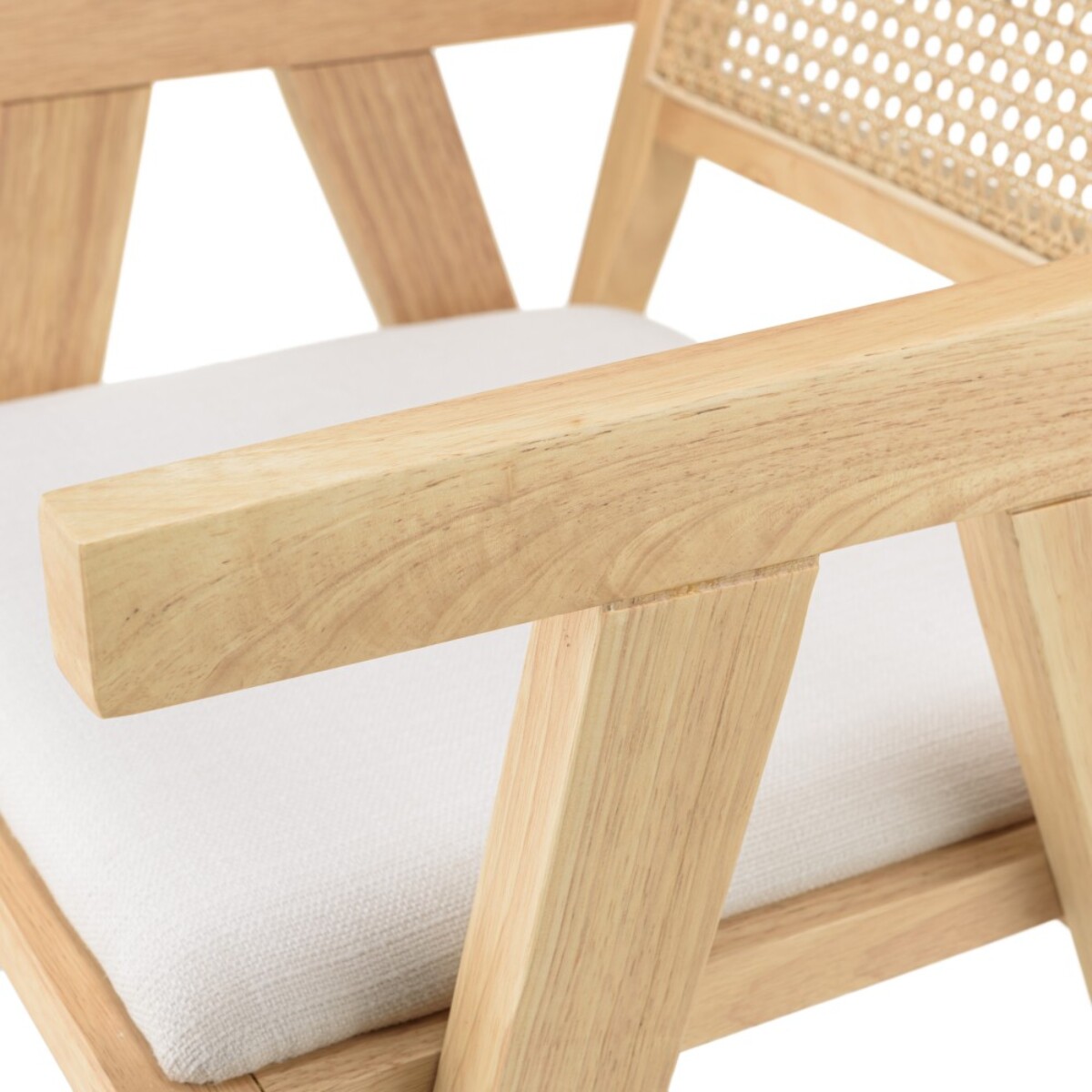 AGATHE - Fauteuil bois d'Hévéa assise tissu blanc dossier rotin naturel