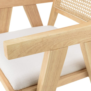 AGATHE - Fauteuil bois d'Hévéa assise tissu blanc dossier rotin naturel