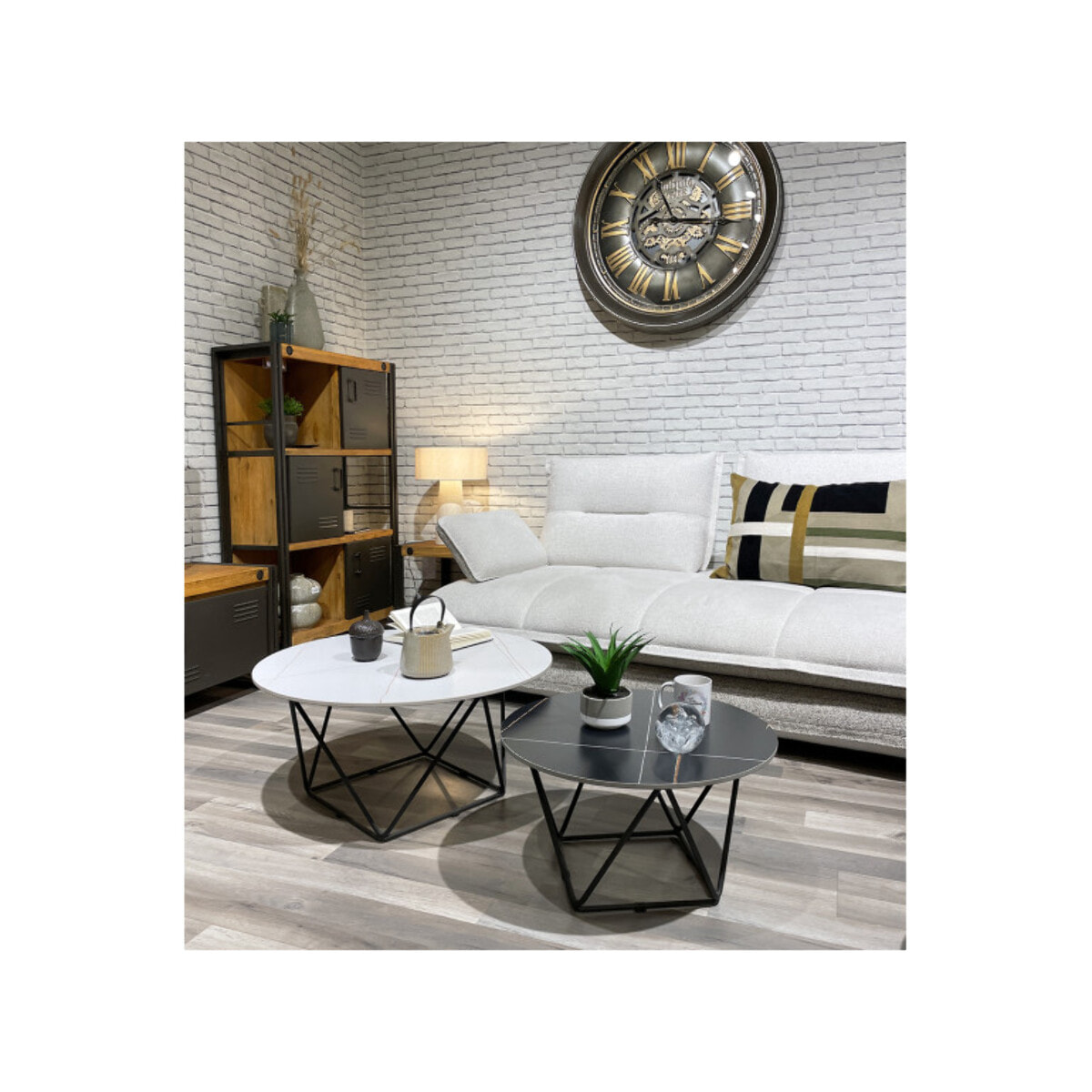 Set de 2 tables basses rondes noir et blanc céramique marbré - BRUNA