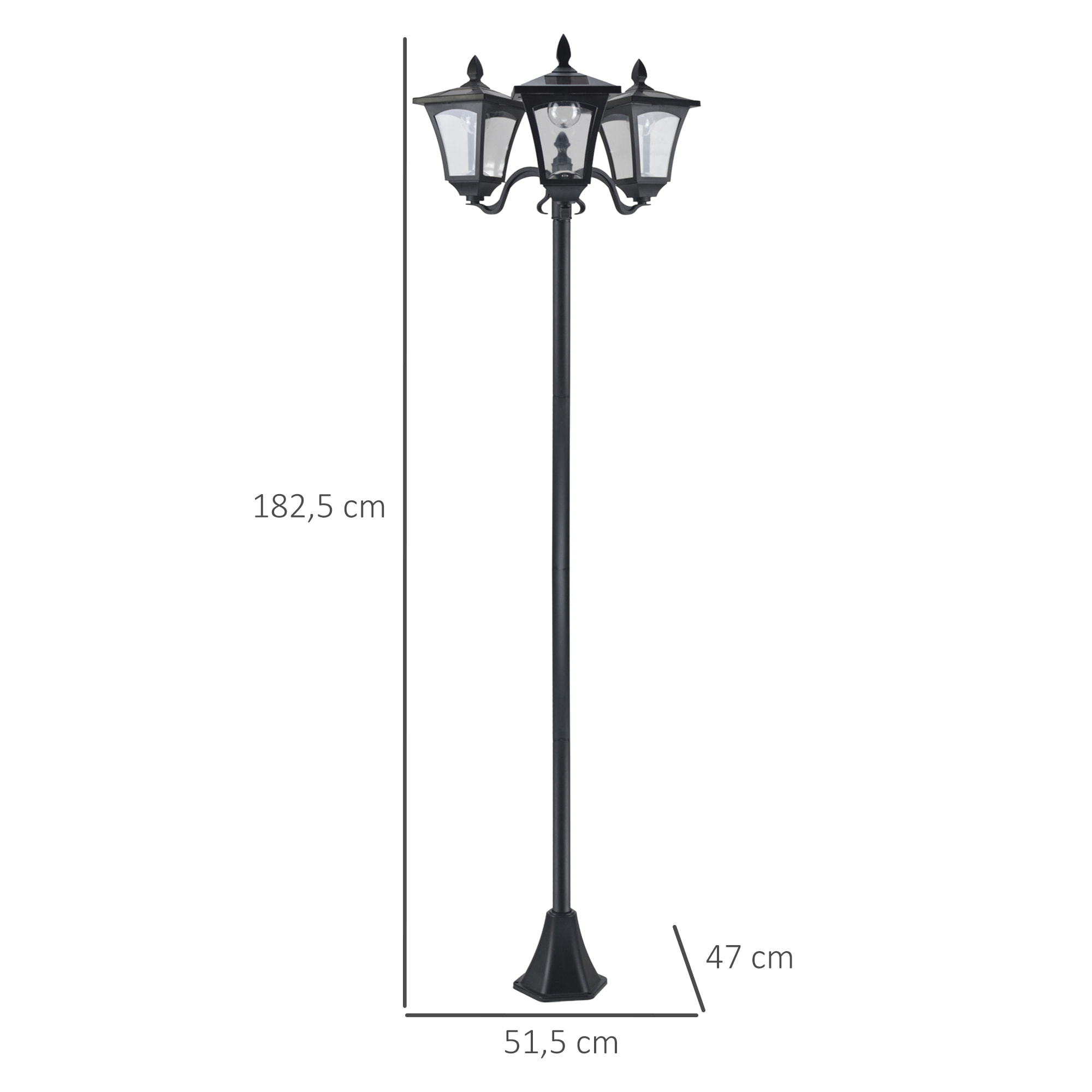 Farol Solar de Jardín con 3 Luces LED Impermeable IP44 Sensor de Noche Farola de Exterior para Camino Terraza Patio 51,5x47x182,5 cm Negro