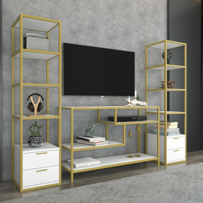 Parete attrezzata Dpisan, Composizione soggiorno, Mobile salotto multiuso, Armadio porta TV, 198x39h160 cm, Oro e Bianco