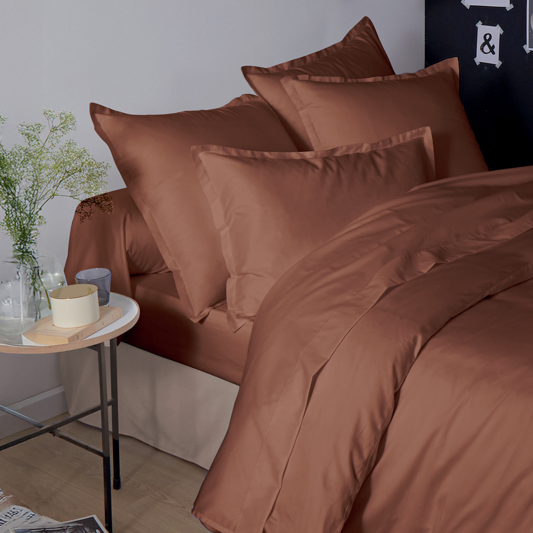 Housse de couette satin de coton uni - Marron Foncé