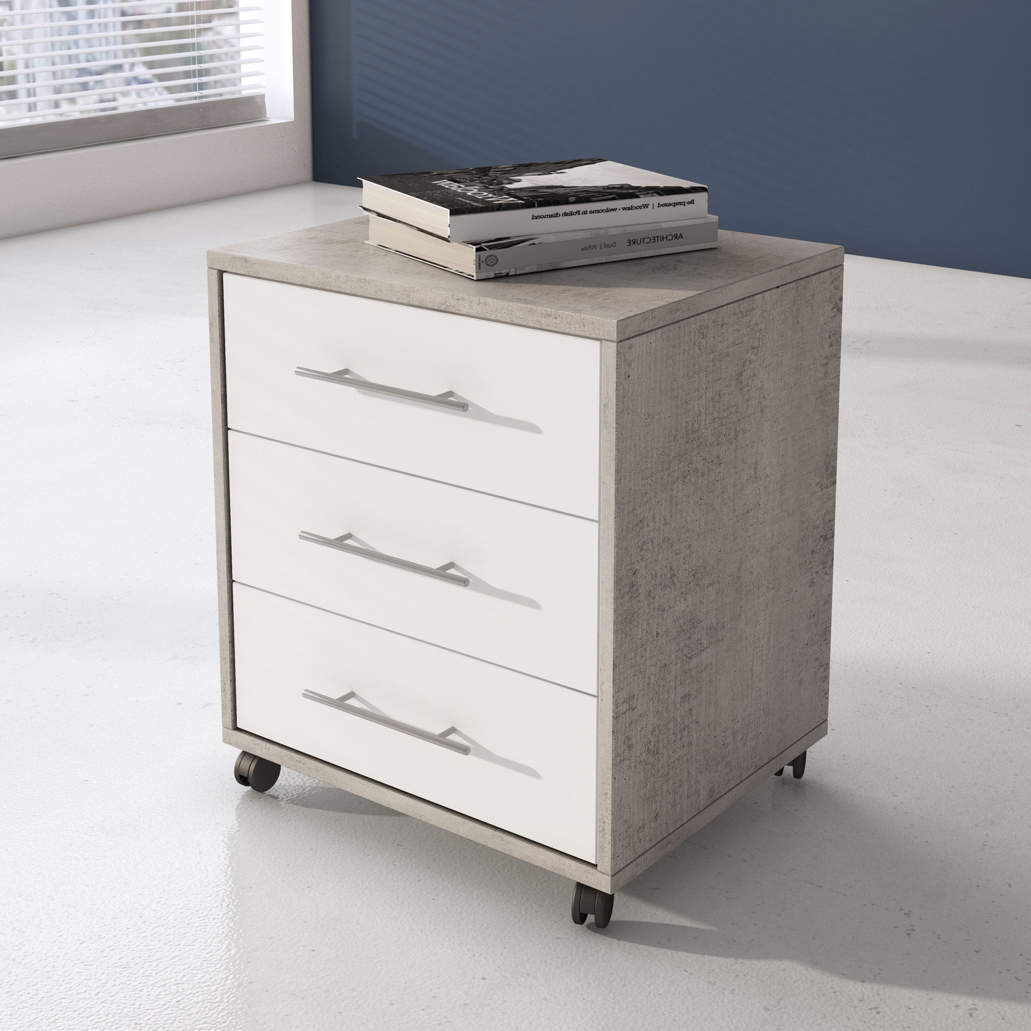 Set Ufficio Completo Con 2 Scrivanie 1 Modulo Ad Angolo 1 Cassettiera Con Ruote 2 Armadi Alto e Basso 2 Librerie Alta E Bassa Bianco E Grigio Cemento