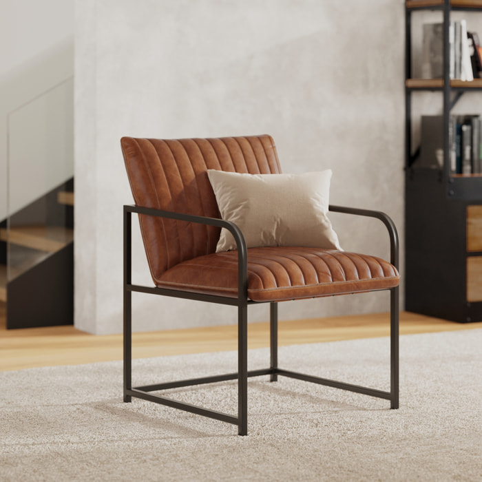 Fauteuil en cuir de buffle marron et métal noir - Armand