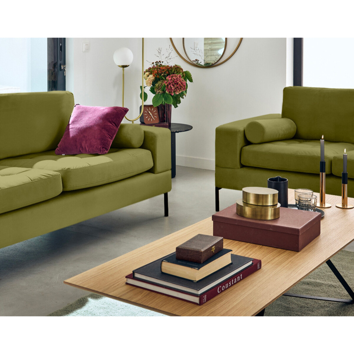 Isaure - canapé droit 3 places en velours - Vert Olive