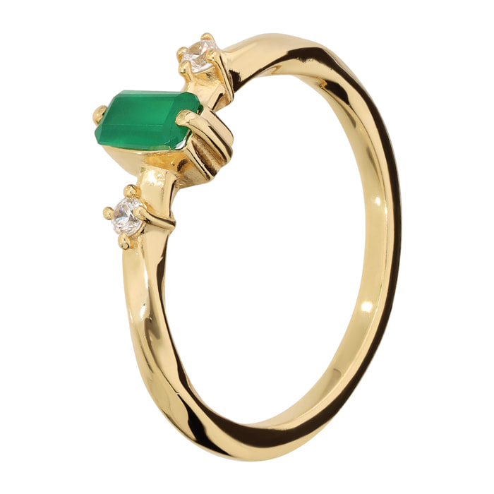 Anello Solitario in Argento 925 placcato Oro Giallo 18Kt con Onice Verde e Cubic Zirconia