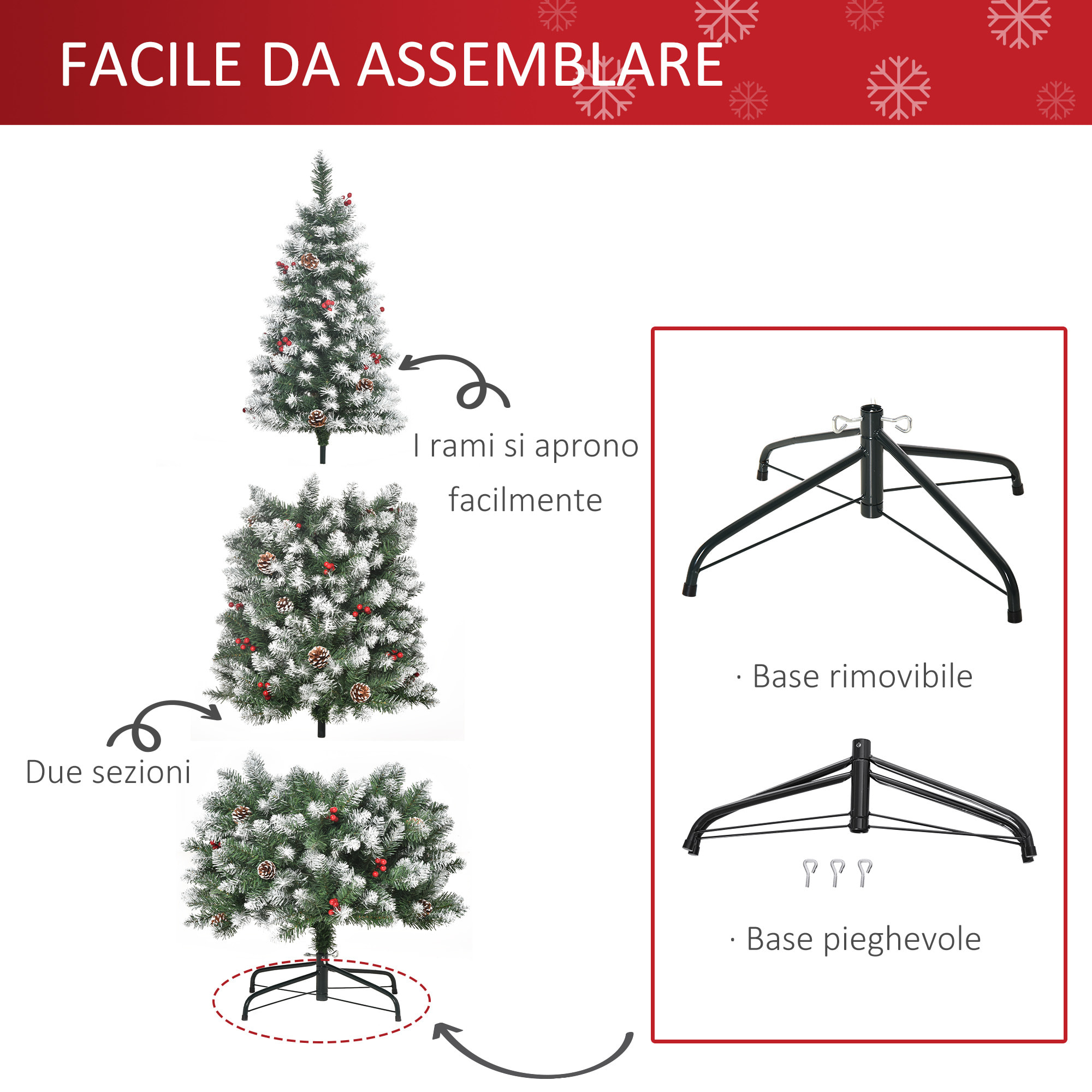 HOMCOM Albero di Natale Innevato Artificiale con Pigne Bianche Base Rimovibile Pieghevole 180cm - Verde