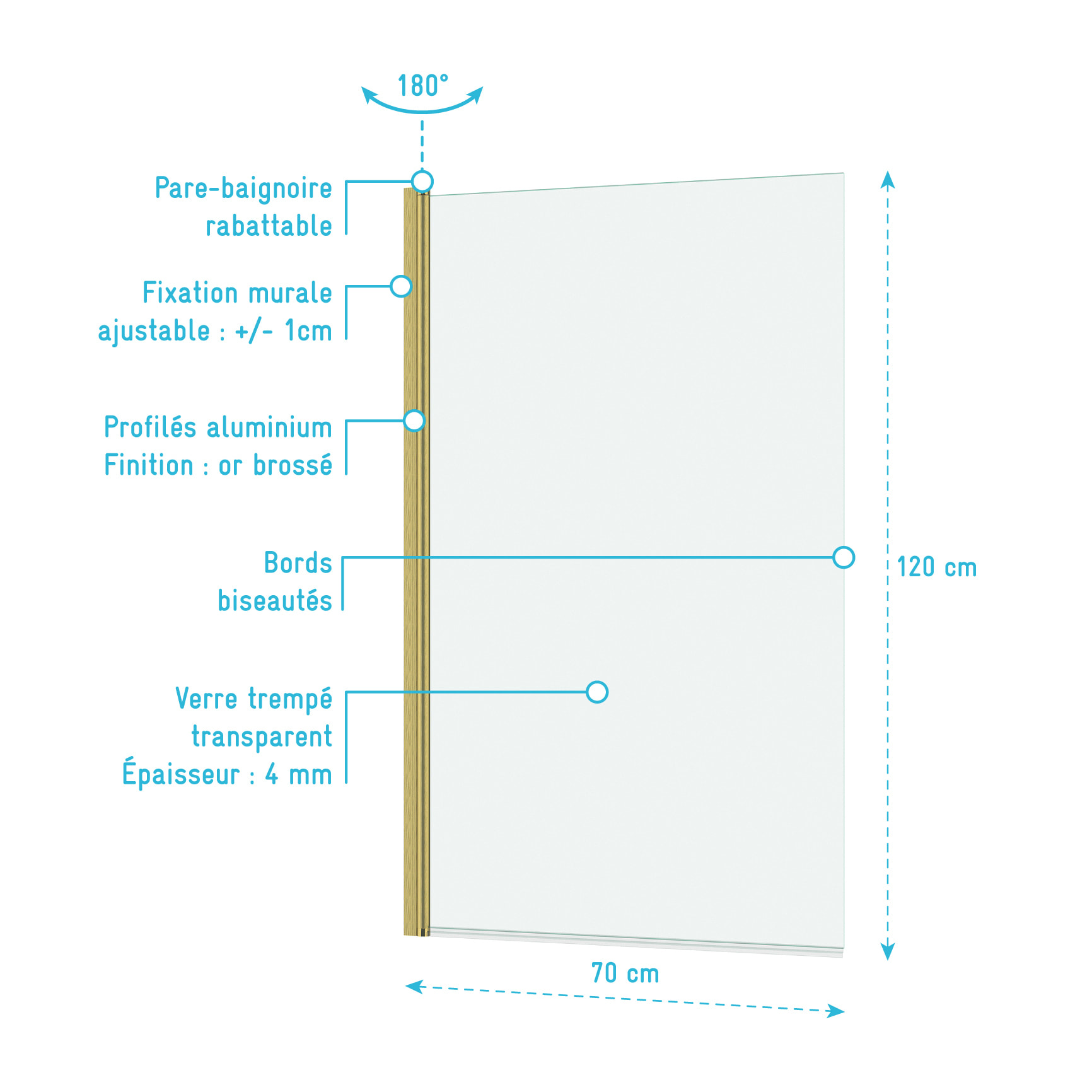 Pare baignoire Rabattable 70x120cm - Profilé finition Or Doré Brossé - Verre Trempé 4mm - ELEMENTARY