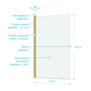 Pare baignoire Rabattable 70x120cm - Profilé finition Or Doré Brossé - Verre Trempé 4mm - ELEMENTARY