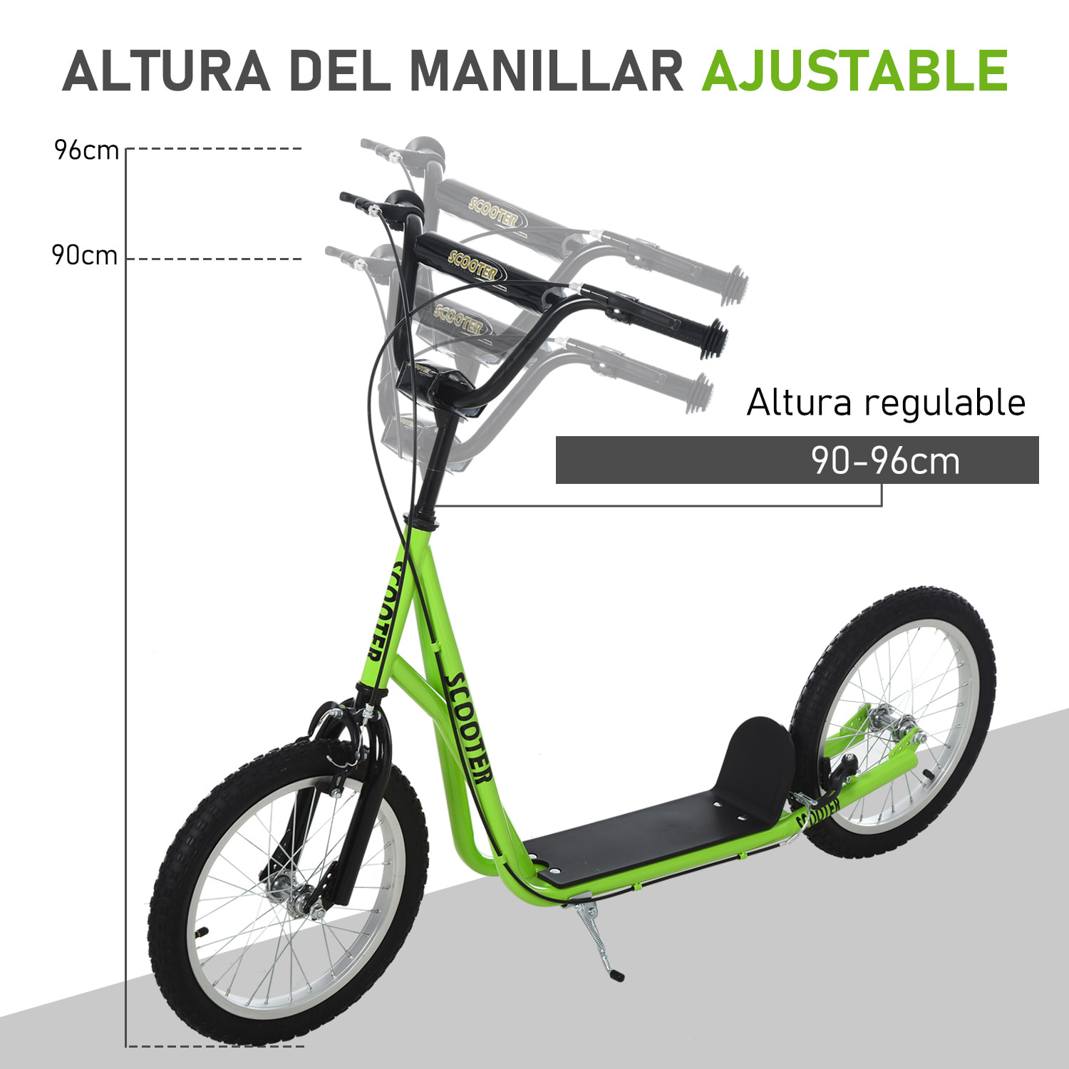 Patinete para Niños +5 Años, Patinete Infantil de 2 Ruedas, con Manillar Ajustable en Altura, 2 Neumáticos de Caucho Inflable, Doble Freno, Carga 100 kg, 139x58x90-96 cm, Verde Flourescente