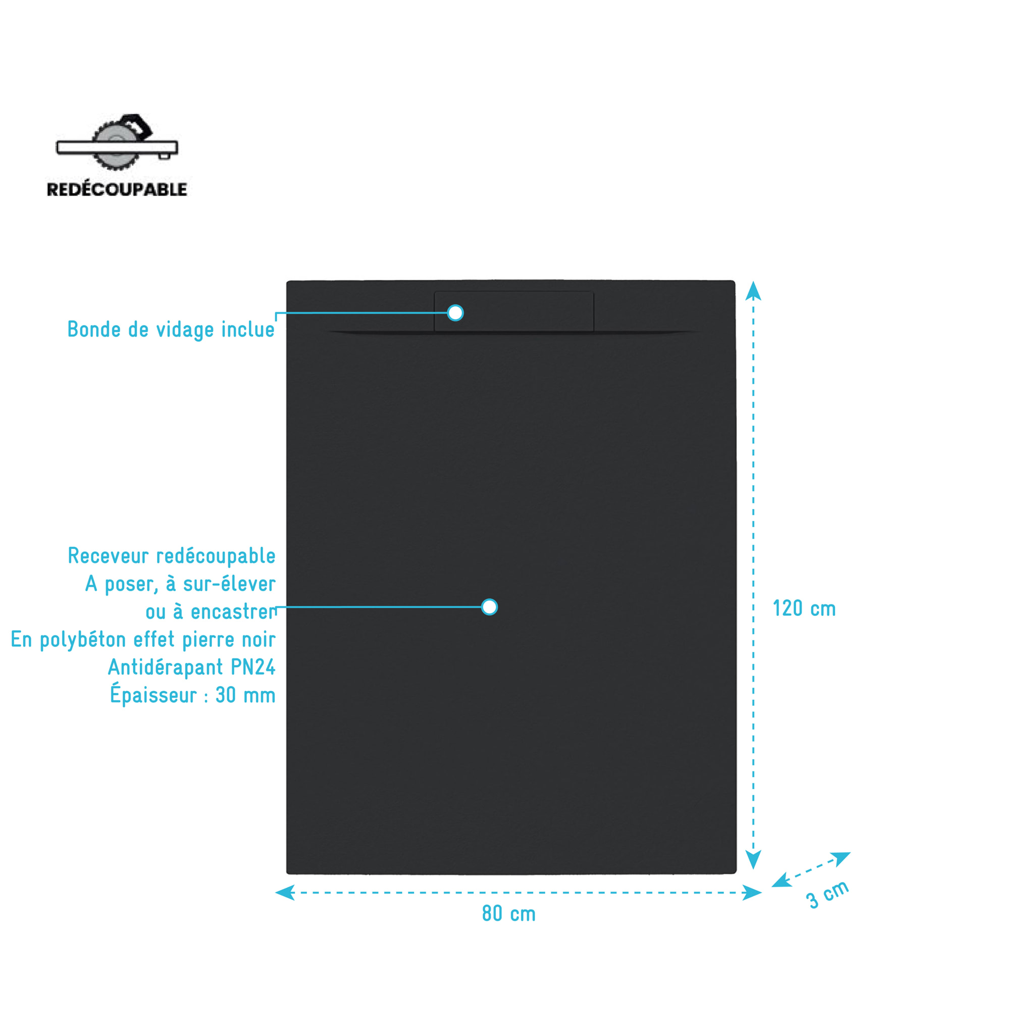 Receveur 120x80x3cm Extra-plat en Polybéton Noir Mat Effet Pierre - Redécoupable - LIANA