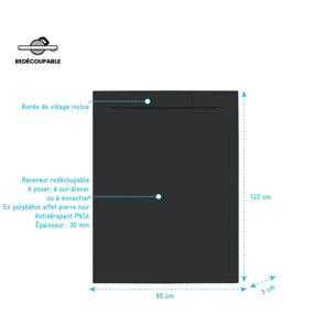 Receveur 120x80x3cm Extra-plat en Polybéton Noir Mat Effet Pierre - Redécoupable - LIANA