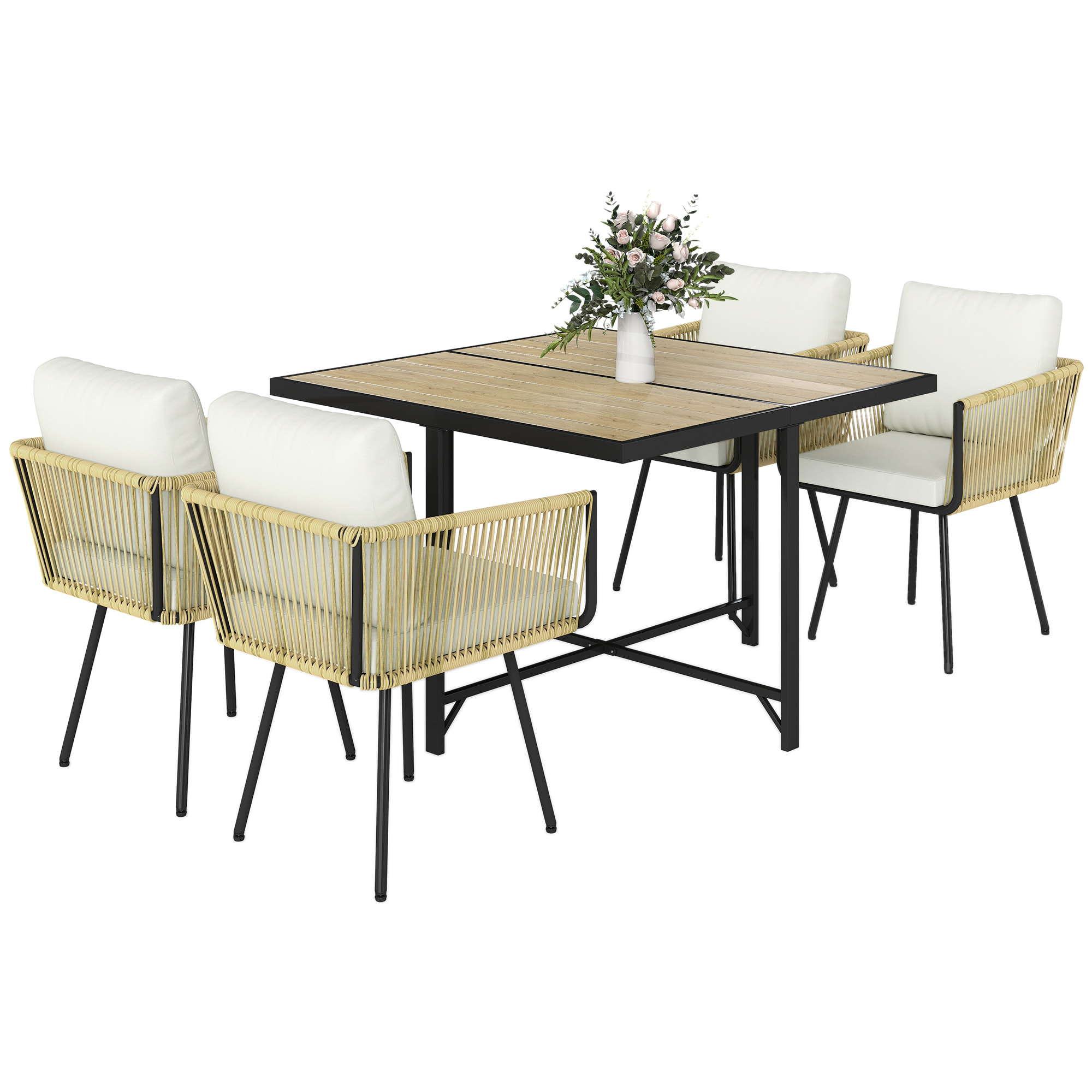 Conjunto de Mesa y Sillas Jardín de Ratán de 5 Piezas, Muebles Jardín Exterior con Mesa de Plástico-Madera y 4 Sillas con Cojines Extraíbles, Marco de Metal Resistente para Terraza, Beige