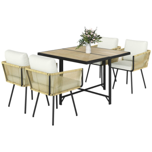 Conjunto de Mesa y Sillas Jardín de Ratán de 5 Piezas, Muebles Jardín Exterior con Mesa de Plástico-Madera y 4 Sillas con Cojines Extraíbles, Marco de Metal Resistente para Terraza, Beige