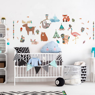 Stickers muraux enfants - Décoration chambre bébé - Autocollant Sticker mural géant enfant montagnes scandinaves ANIMAUX DES MONTAGNES ET PLUMES INDIENNES