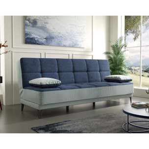 Divano letto Jordi, Divano letto a 3 posti con piedini in metallo nero , Sofà da soggiorno in tessuto imbottito con apertura click-clack, 190x87h97 cm, Grigio e Blu