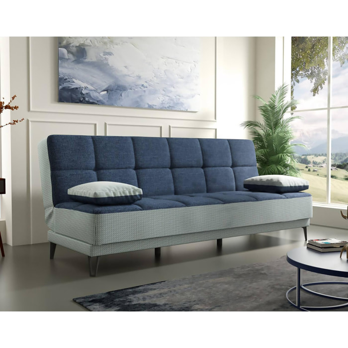 Divano letto Jordi, Divano letto a 3 posti con piedini in metallo nero , Sofà da soggiorno in tessuto imbottito con apertura click-clack, 190x87h97 cm, Grigio e Blu