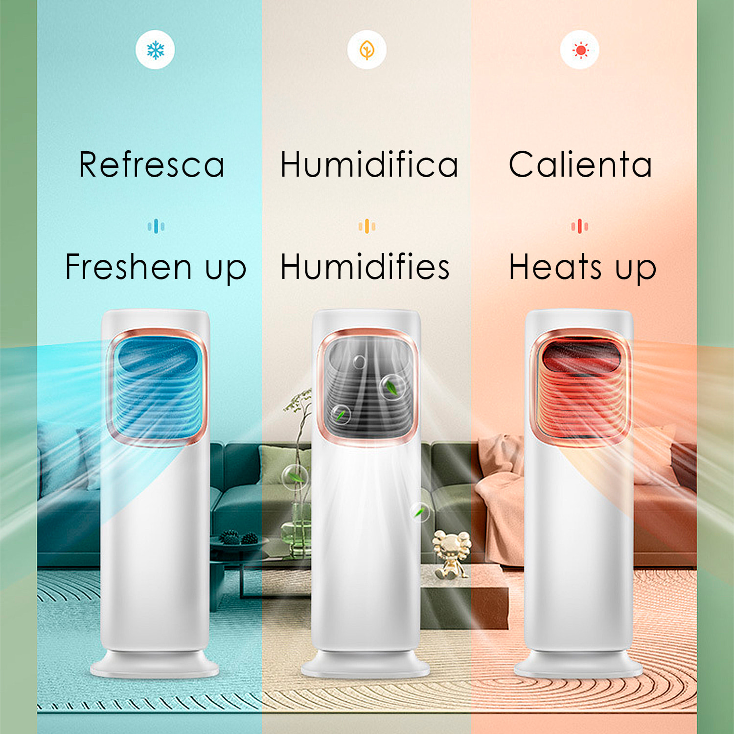 Climatizador multifunción sin aspas, con calefacción y refrigeración 45W/1800W frio/calor. Pantalla táctil y control remoto. Giro 120º. Función de humidificador y depósito de agua de 3L.