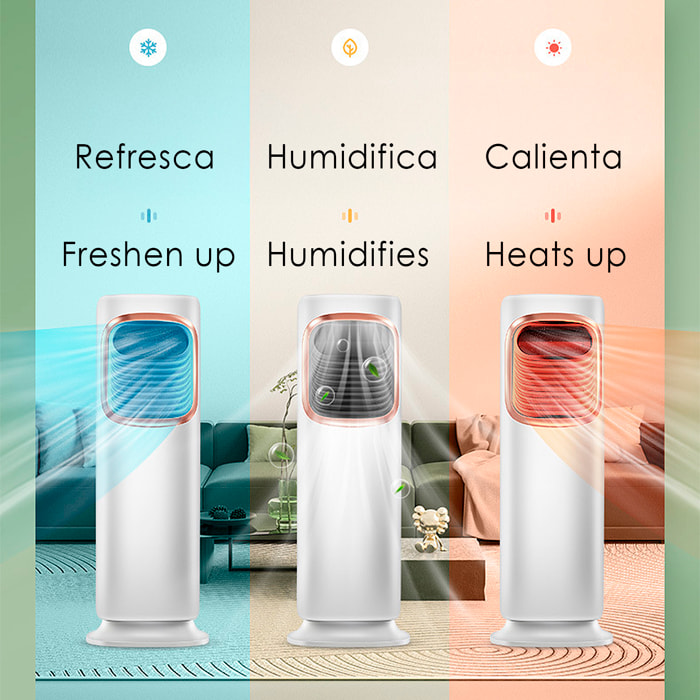 Climatizador multifunción sin aspas, con calefacción y refrigeración 45W/1800W frio/calor. Pantalla táctil y control remoto. Giro 120º. Función de humidificador y depósito de agua de 3L.