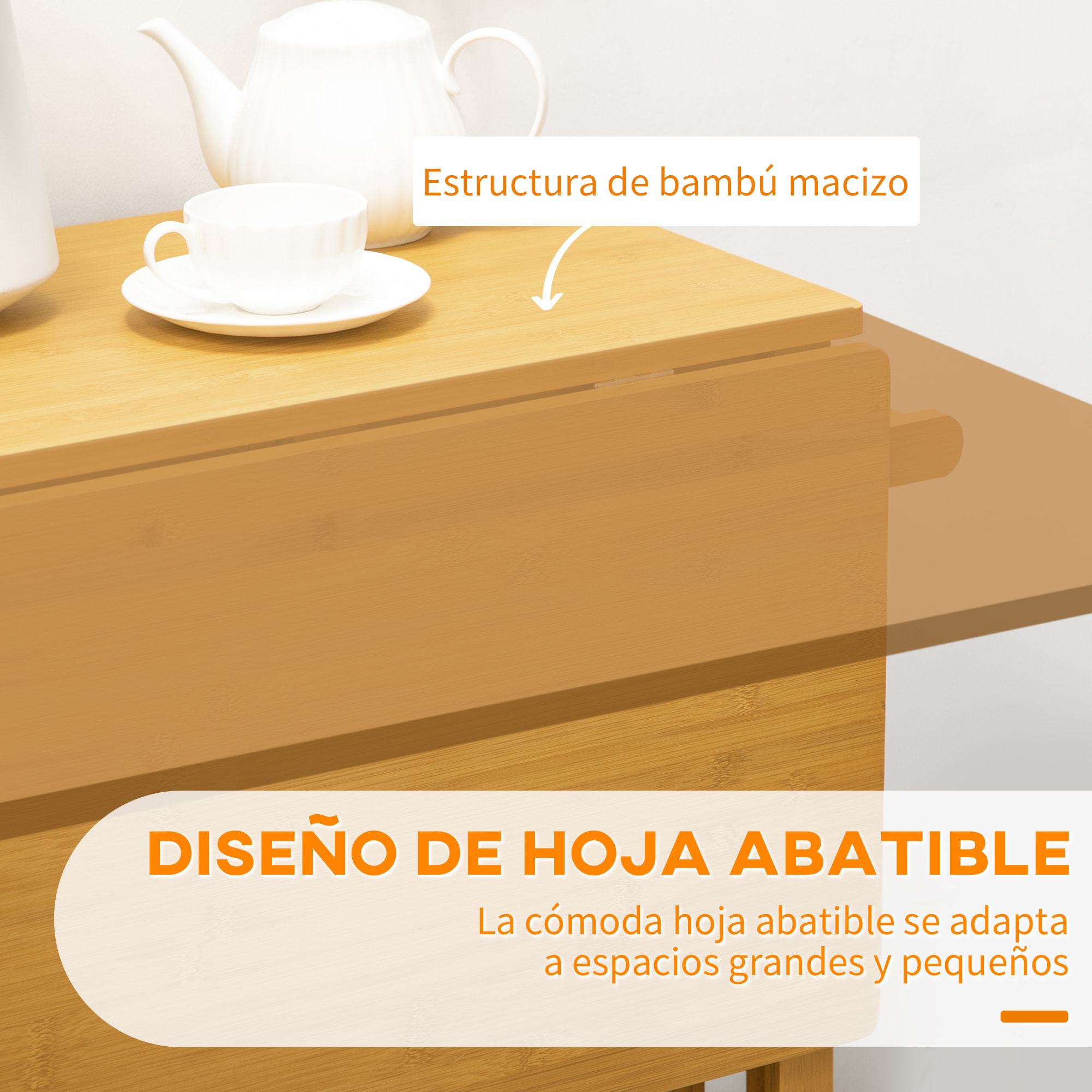Juego de Mesa Alta de Bar y 2 Taburetes, Mesa Alta de Cocina de Bambú con Ruedas, Tablero Plegable, Ahorro Espacio, Cajones, Toalleros y Reposapiés, Marrón