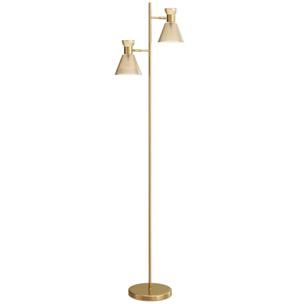 Lampadaire sur pied design H.165cm double tête réglable verre conique métal doré