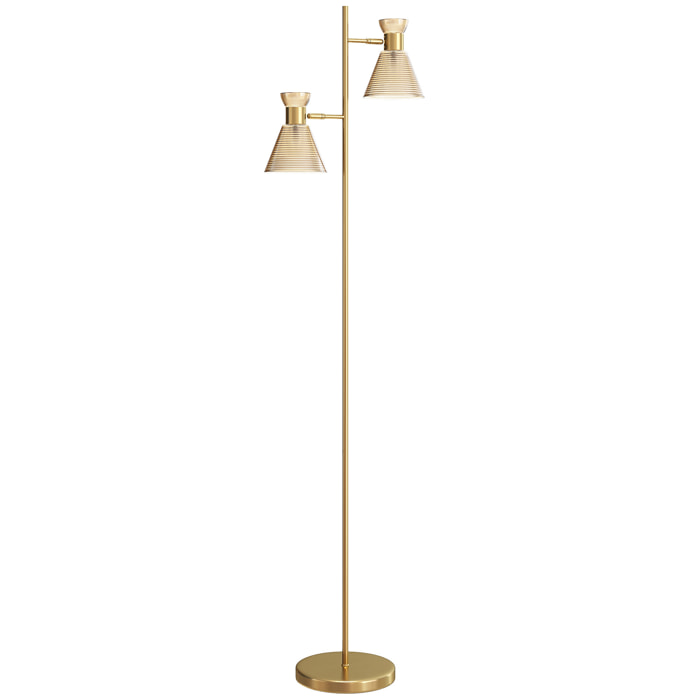 Lampadaire sur pied design H.165cm double tête réglable verre conique métal doré