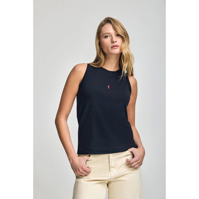 Maglietta basic blu marino smanicata a girocollo con logo Rigby Go ricamato