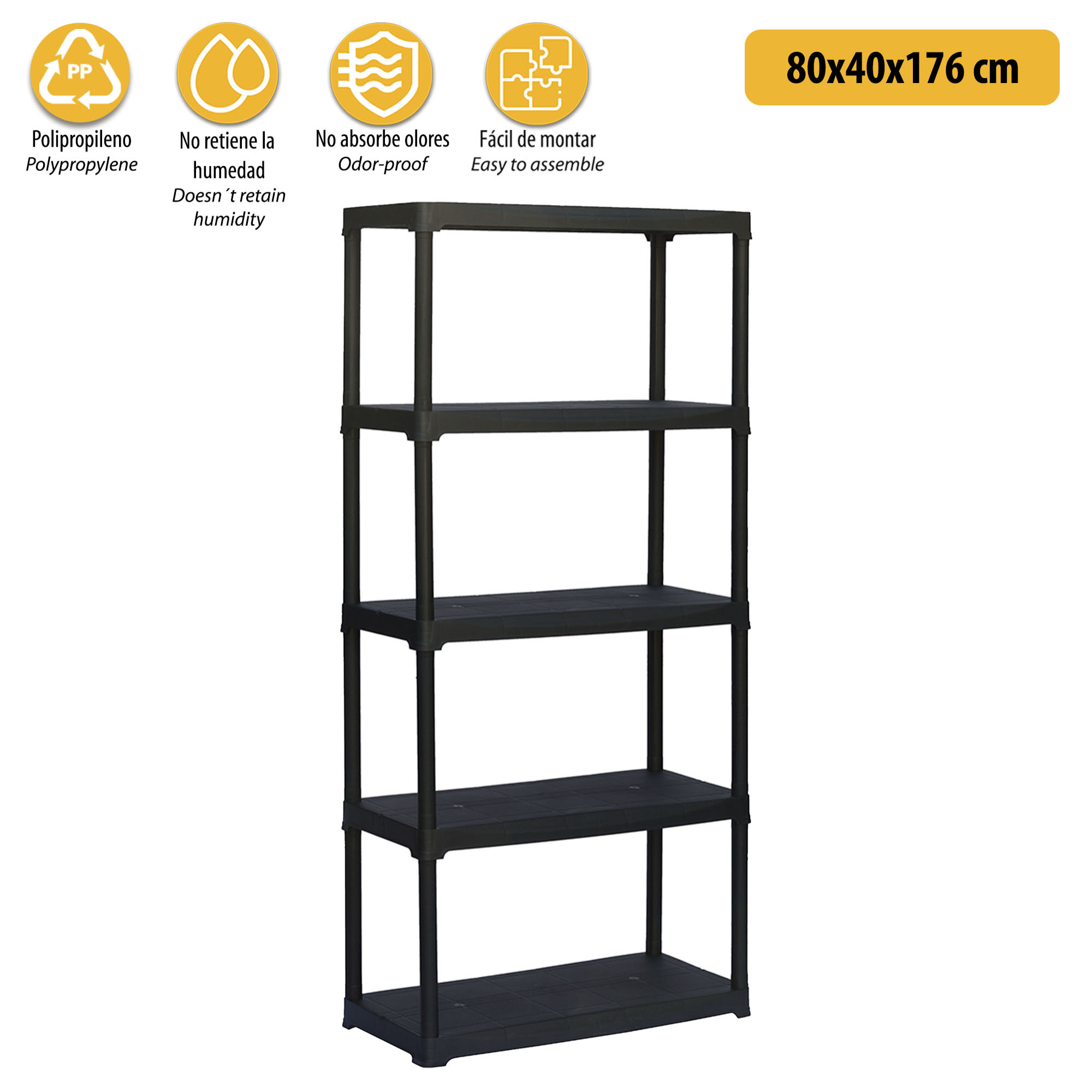 Estantería 5 baldas de plástico en polipropileno 900x400x1760 mm.