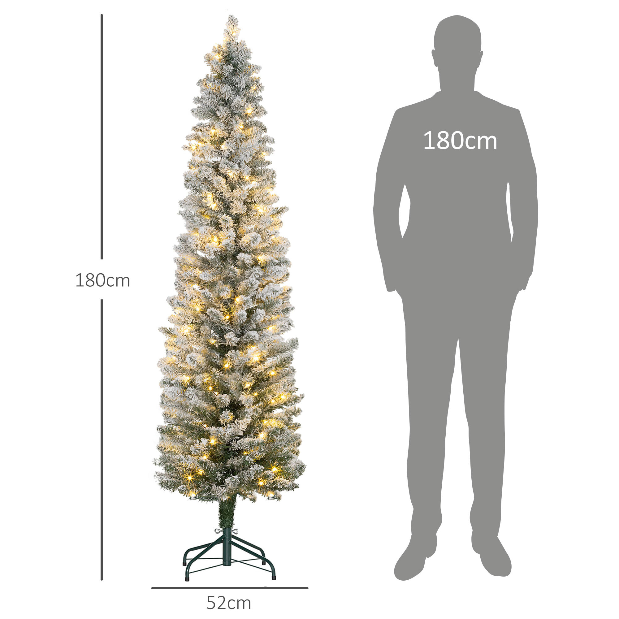 Sapin de Noël artificiel LED H.180 cm - sapin de Noël mince enneigé - 329 branches 150 LED blanc chaud