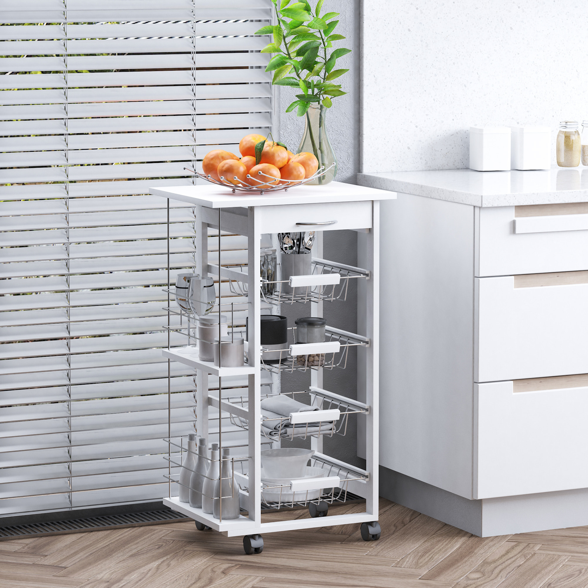 Desserte cuisine bois roulante - tiroir, 4 paniers amovibles, 2 porte-bouteilles - blanc