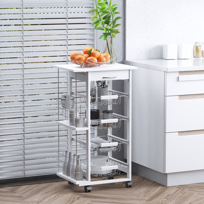 Desserte cuisine bois roulante - tiroir, 4 paniers amovibles, 2 porte-bouteilles - blanc
